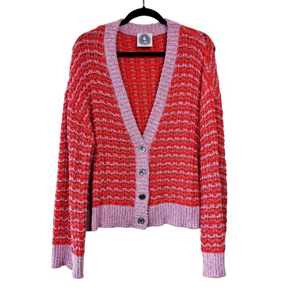 ANTHROPOLOGIE Happy Sheep Textured Cardigan Womens Large L Sweater Orange Red - Picture 1 of 14